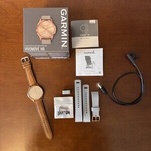 GARMIN Vivomove HR Smartwatch Rose Gold Leather & Silicone Band, Charger, Box